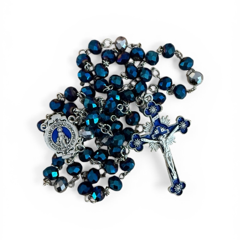 Blue Crystal Rosary Necklace with Crucifix Handcrafted in USA